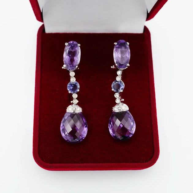 Cercei aur alb 18K, ametist natural, tanzanite si diamante