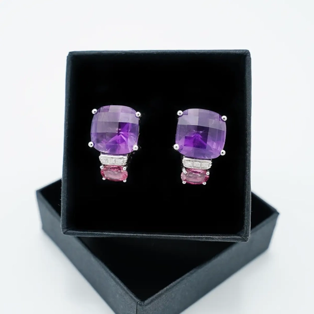 Cercei aur alb 18K, ametist natural, turmalina roz si diamante