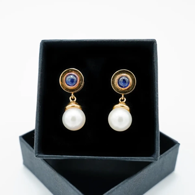 Cercei stud, aur 18K, safire naturale si perle naturale