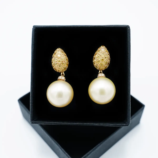 Cercei versatili aur 18K, citrine, diamante si perle naturale Marea Sudului