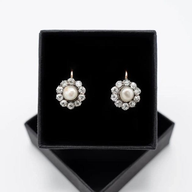 Cercei Vintage aur 14K, perle naturale de apă dulce și diamante 1.6 ct